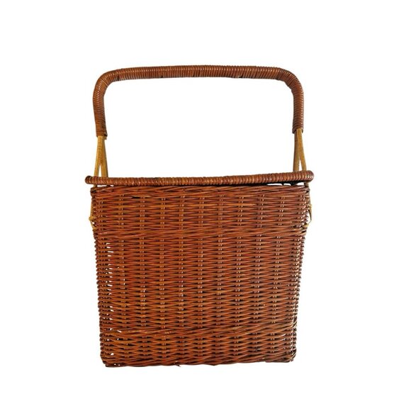 Vintage Coated Wicker Hinged Lidded Basket Stationary Handle Rectangle Storage - Picture 1 of 15